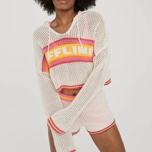 aerie Cream Cropped 'OFFLINE' Hooded Knit with Yellow & Pink Stripes